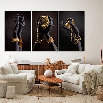 Quadro Decorativo Canvas Trio Composição Mãos com Joias de Ouro