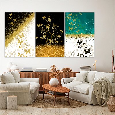 Quadro Decorativo Canvas Trio Abstrato Moderno Estilo Nórdico com Borboletas