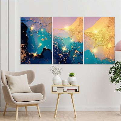 Quadro Decorativo Canvas Trio Pinturas Abstratas com Cores Frias