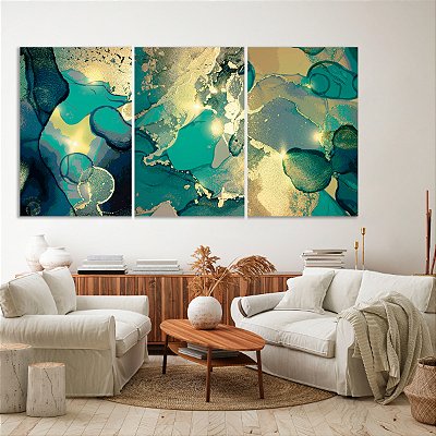 Quadro Decorativo Canvas Trio Pinturas Abstratas com Cores Frias