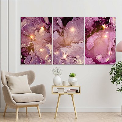 Quadro Decorativo Canvas Trio Pinturas Abstratas em Tons de Roxo