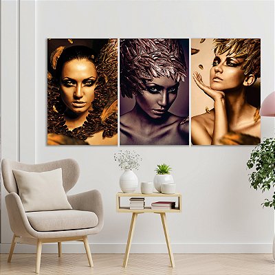 Quadro Decorativo Canvas Trio Beleza Feminina Maquiagem Delineado e Penas