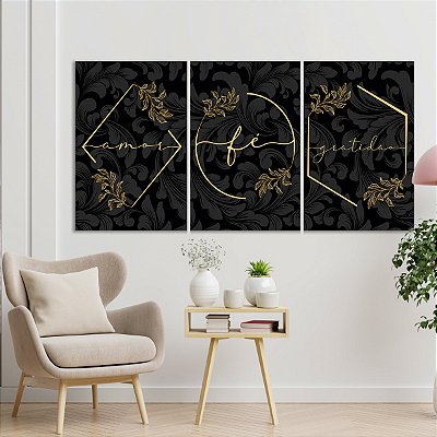 Quadro Decorativo Canvas Trio Abstrato Amor Fé e Gratidão Detalhes Dourados
