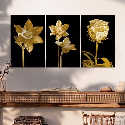 Quadro Decorativo Canvas Trio Flores Douradas em Fundo Preto