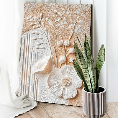 Quadro Decorativo Canvas Composição Abstrata Flores e Ramos Brancos