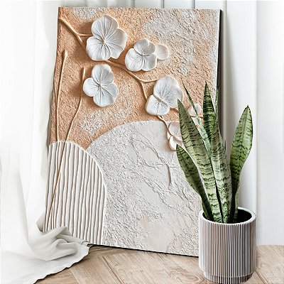 Quadro Decorativo Canvas Composição Abstrata Flores Brancas Vertical