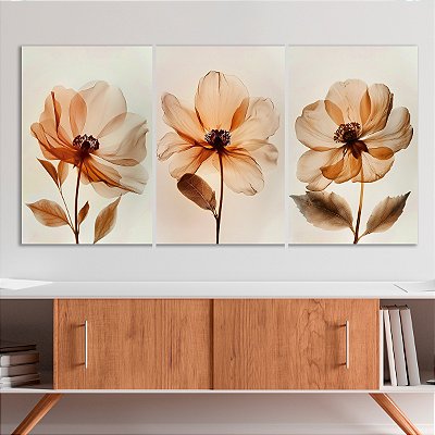 Quadro Decorativo Canvas Trio Flores em Tons Terrosos Pétalas Finas