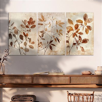 Quadro Decorativo Canvas Trio Composição Ramos e Folhas em Tons Terrosos