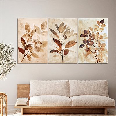 Quadro Decorativo Canvas Trio Composição Ramos e Folhas em Tons Terrosos
