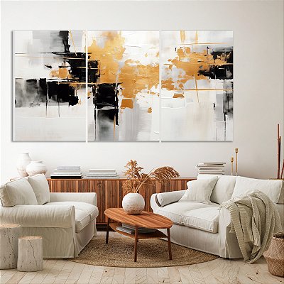 Quadro Decorativo Canvas Trio Pintura Abstrata Preto e Branco com Detalhes Dourados