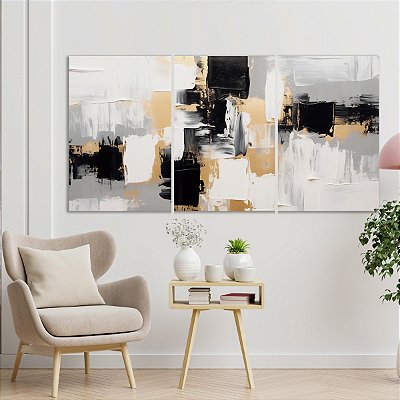 Quadro Decorativo Canvas Trio Pintura Abstrata Preto Branco e Dourado