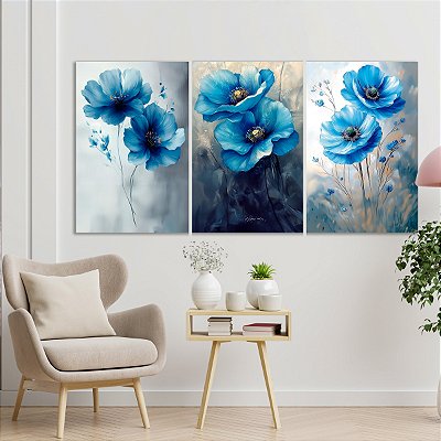 Quadro Decorativo Canvas Trio Pintura Floral Papoulas Azuis
