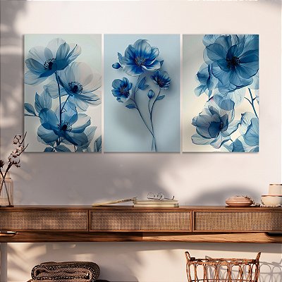 Quadro Decorativo Canvas Trio Flores Azuis Pétalas Finas