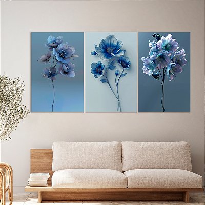 Quadro Decorativo Canvas Trio Composição Flores Azuis e Lilás