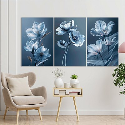 Quadro Decorativo Canvas Trio Composição Flores Azuis Pétalas Claras