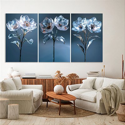 Quadro Decorativo Canvas Trio Composição Flores Azuis Pétalas e Folhas de Vidro