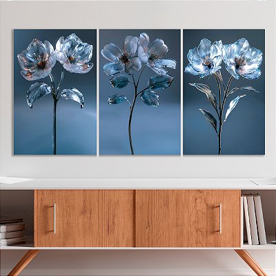 Quadro Decorativo Canvas Trio Composição Flores Azuis Pétalas e Folhas de Vidro