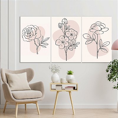 Quadro Decorativo Canvas Trio Ilustrações Florais Fundo Claro