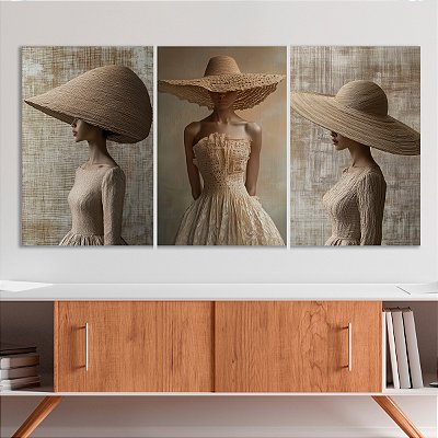 Quadro Decorativo Canvas Trio Mulheres com Vestidos e Chapéus Palha Linho