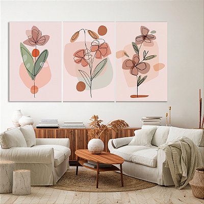 Quadro Decorativo Canvas Trio Flores em Traços Minimalistas Tons Terrosos