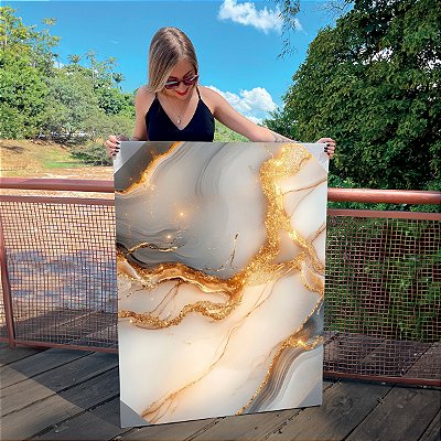 Quadro Decorativo Canvas Abstrato Tons de Cinza com Detalhes Dourados Elegantes Golden
