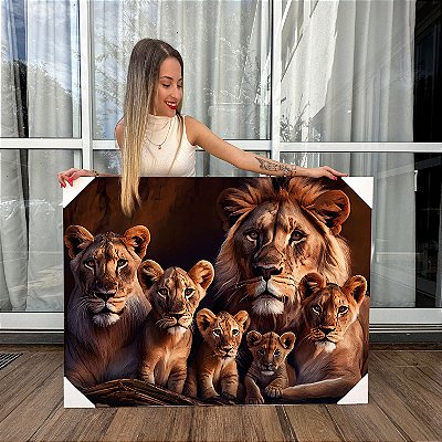 Quadro Decorativo Canvas Família Leão 4 filhotes Horizontal