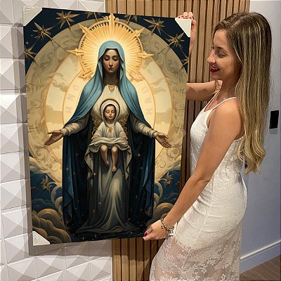 Quadro Decorativo Flutuante Religioso Santa Mãe Maria com o Menino Jesus Vertical