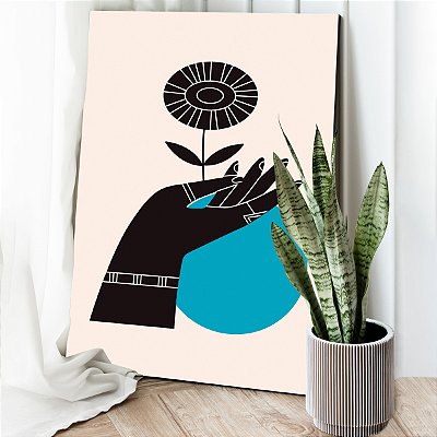 Quadro Decorativo Canvas Abstrato Círculo Azul Mão com Flor Vertical