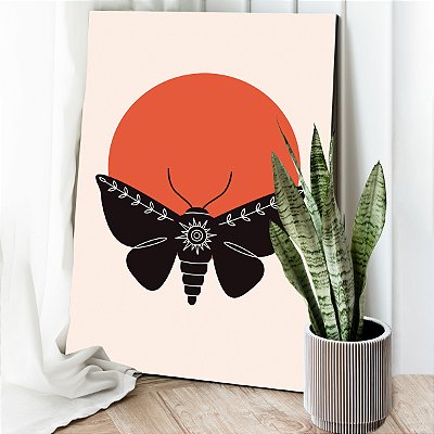 Quadro Decorativo Canvas Abstrato Círculo Vermelho com Mariposa Vertical