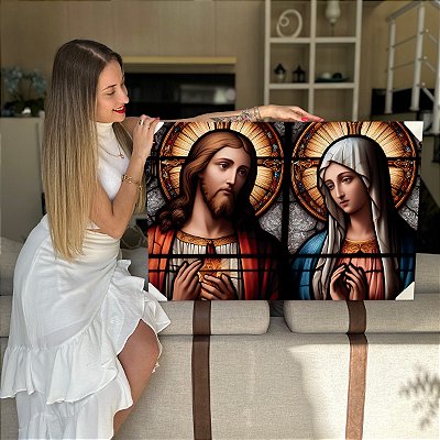 Quadro Decorativo Flutuante Religioso Jesus Cristo e Virgem Maria Horizontal