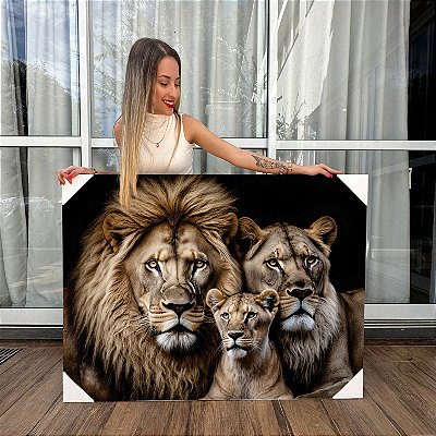 Quadro Decorativo Canvas Família de Leões com Um Filhote Horizontal