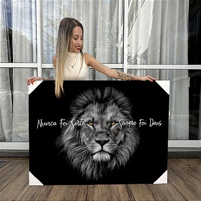 Quadro Decorativo Canvas Leão Nunca foi Sorte Sempre Foi Deus Olhos Amarelos Horizontal