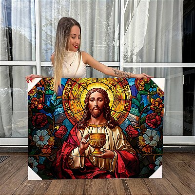 Quadro Decorativo Canvas Religioso Vitral Jesus com Taça Horizontal