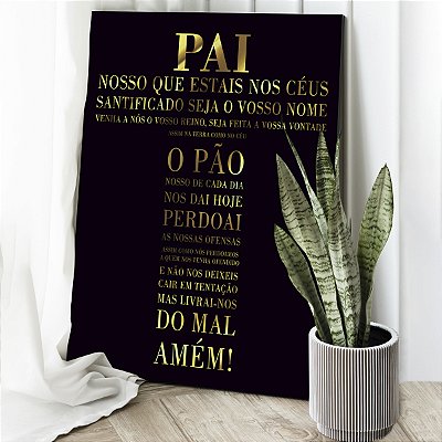 Quadro Decorativo Canvas Oração Pai Nosso Letras Douradas Fundo Preto Vertical