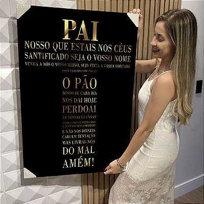 Quadro Decorativo Flutuante Oração Pai Nosso Letras Douradas Fundo Preto Vertical