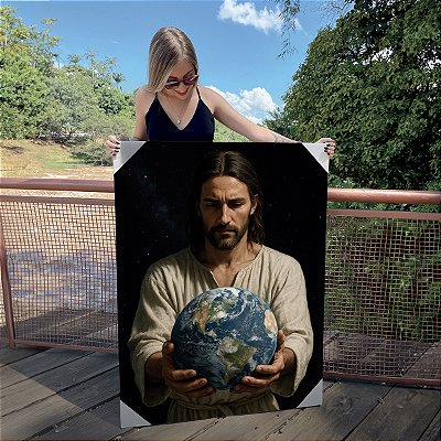 Quadro Decorativo Canvas Religioso Jesus Cristo e o Mundo Vertical