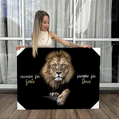 Quadro Decorativo Canvas Leão Nunca foi Sorte Sempre Foi Deus Horizontal
