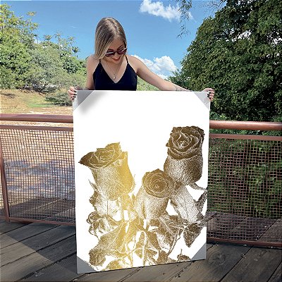 Quadro Decorativo Canvas Flor em Dourado Brilhante Vertical