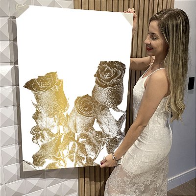 Quadro Decorativo Flutuante Flor em Dourado Brilhante Vertical