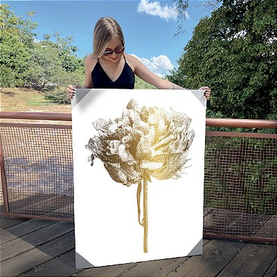 Quadro Decorativo Canvas Flor em Dourado Brilhante Vertical