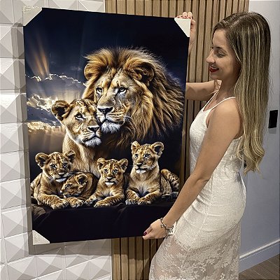 Quadro Decorativo Flutuante Família de Leões 4 Filhotes Vertical