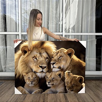 Quadro Decorativo Canvas Família de Leões 3 Filhotes Horizontal