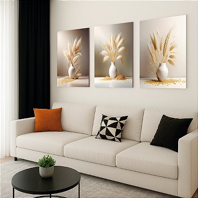 Quadro Decorativo Trio em Canvas Vasos com Capim dos Pampas