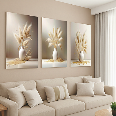 Quadro Decorativo Trio em Canvas Vasos com Capim dos Pampas