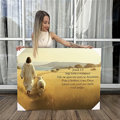 Quadro Decorativo Canvas Jesus Cristo e Cordeiro Josué 1:9 Horizontal