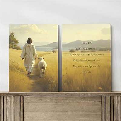 Quadro Decorativo Canvas Duplo Jesus e Ovelha Josué 1:9