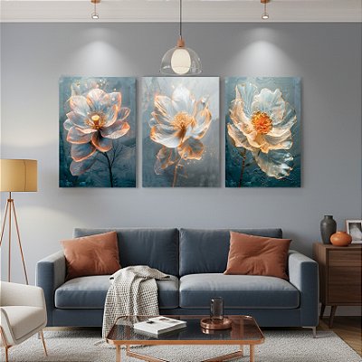 Quadro Decorativo Trio em Canvas Flores Azuis Pétalas Transparentes e Detalhes Laranja