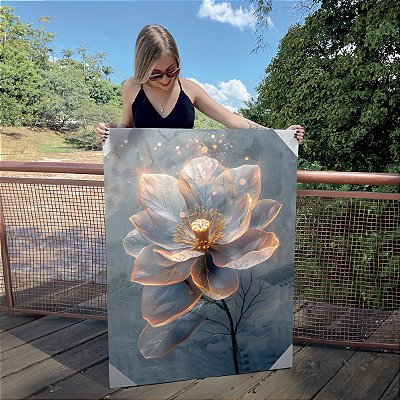 Quadro Decorativo Canvas Flor Azul com Detalhes Laranja Vertical