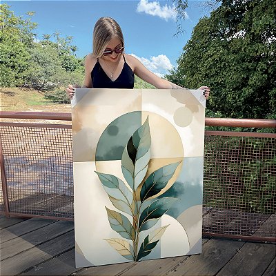 Quadro Decorativo Canvas Folhas Esverdeadas e Fundo Abstrato Vertical