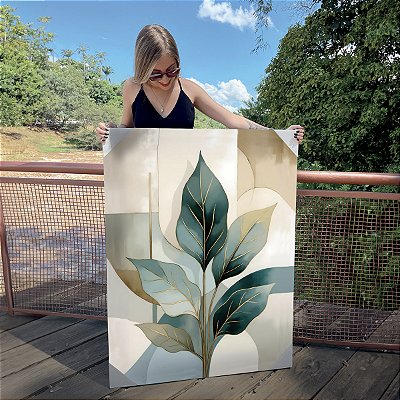 Quadro Decorativo Canvas Folhas Esverdeadas e Fundo Abstrato Vertical